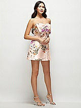 Side View Thumbnail - Butterfly Botanica Pink Sand Strapless Bell Skirt Floral Satin Mini Dress with Oversized Bow