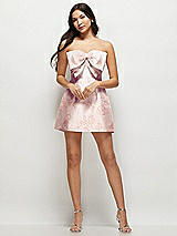 Front View Thumbnail - Bow And Blossom Print Strapless Bell Skirt Floral Satin Mini Dress with Oversized Bow