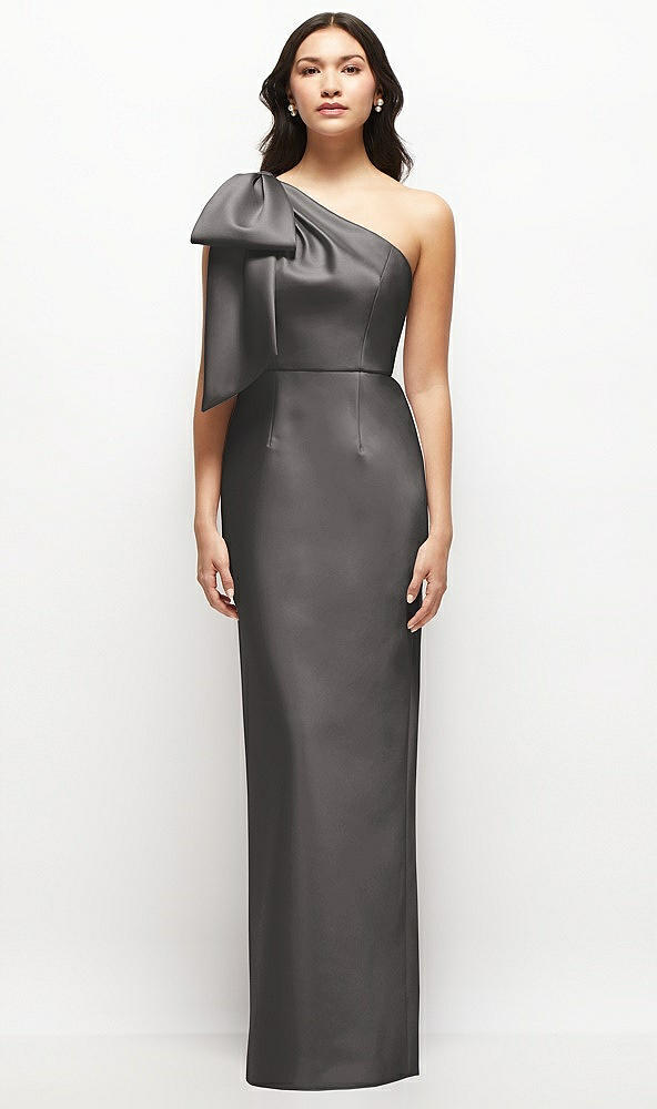 Front View - Caviar Gray Oversized Bow One-Shoulder Satin Column Maxi Dress