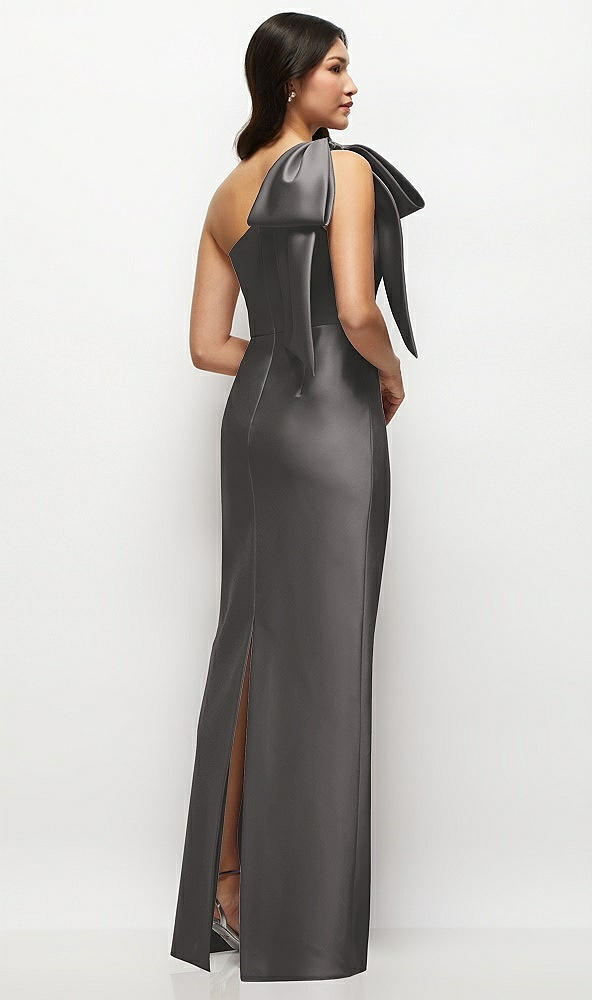 Back View - Caviar Gray Oversized Bow One-Shoulder Satin Column Maxi Dress