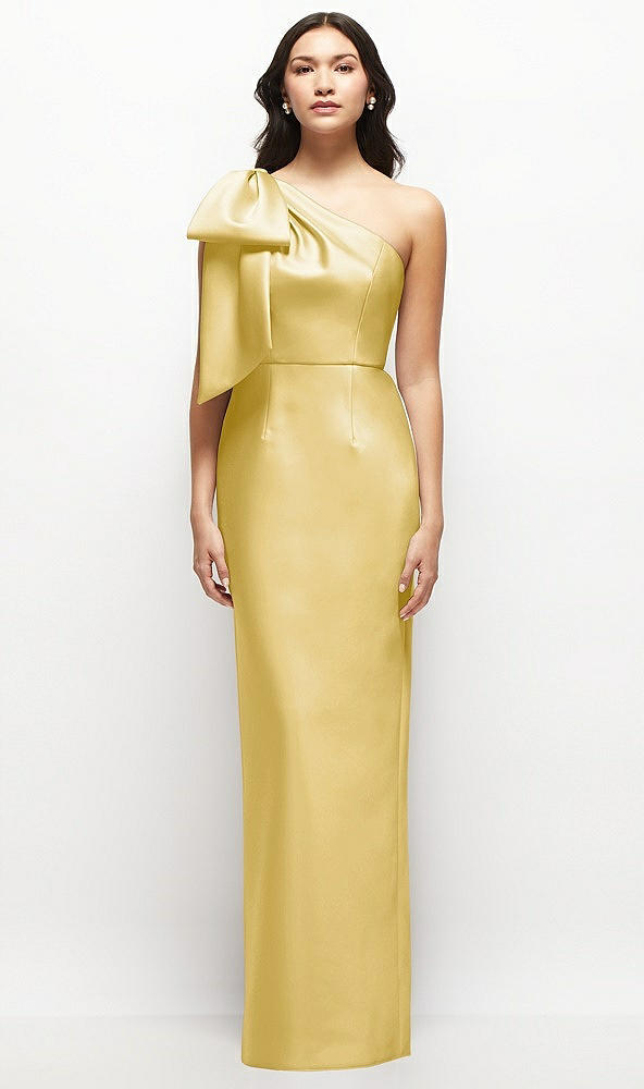 Front View - Maize Oversized Bow One-Shoulder Satin Column Maxi Dress