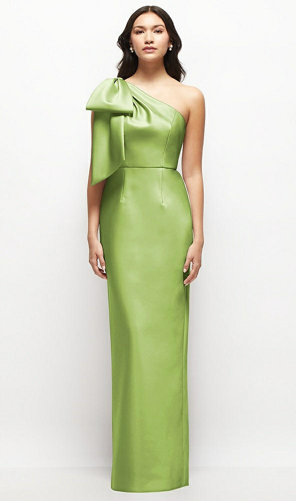 Front View - Mojito Oversized Bow One-Shoulder Satin Column Maxi Dress