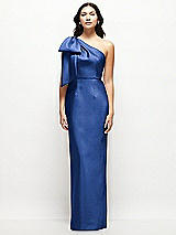 Front View Thumbnail - Classic Blue Oversized Bow One-Shoulder Satin Column Maxi Dress
