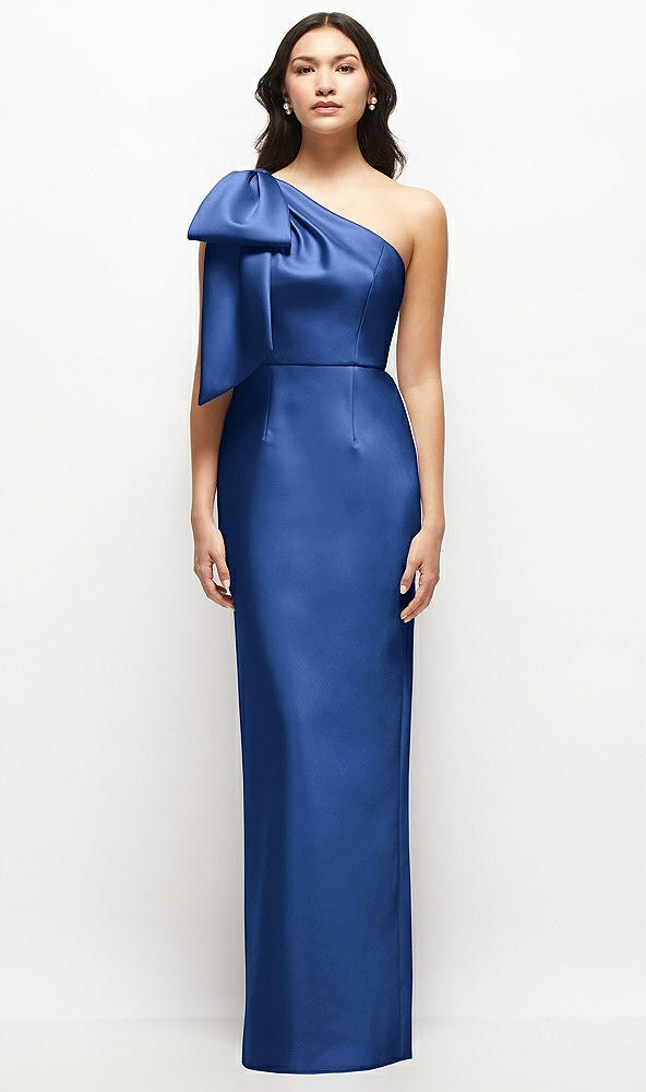 Front View - Classic Blue Oversized Bow One-Shoulder Satin Column Maxi Dress