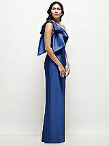 Side View Thumbnail - Classic Blue Oversized Bow One-Shoulder Satin Column Maxi Dress
