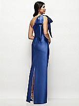 Rear View Thumbnail - Classic Blue Oversized Bow One-Shoulder Satin Column Maxi Dress