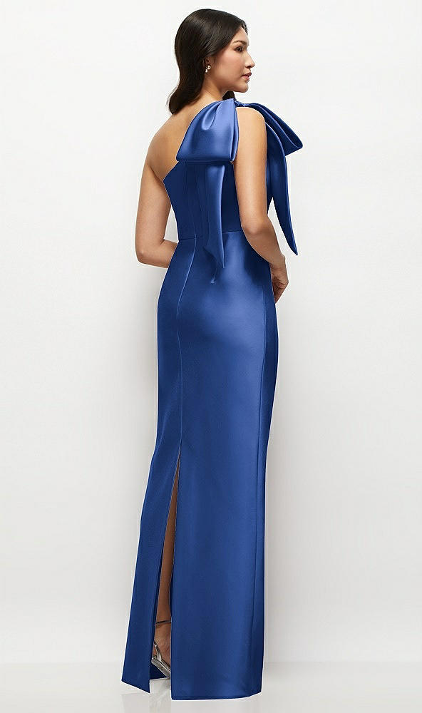 Back View - Classic Blue Oversized Bow One-Shoulder Satin Column Maxi Dress