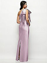 Rear View Thumbnail - Suede Rose Oversized Bow One-Shoulder Satin Column Maxi Dress