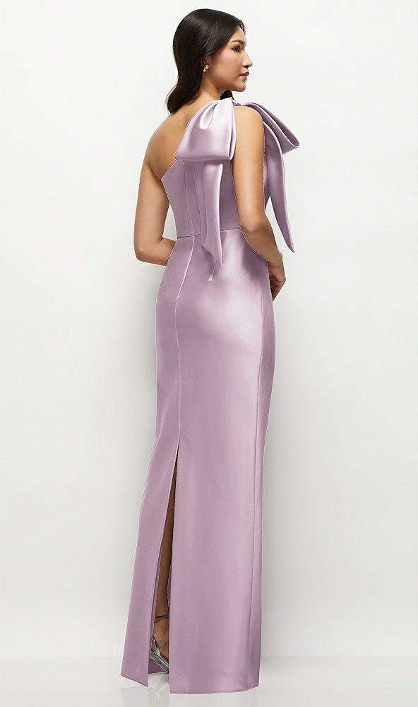 Back View - Suede Rose Oversized Bow One-Shoulder Satin Column Maxi Dress
