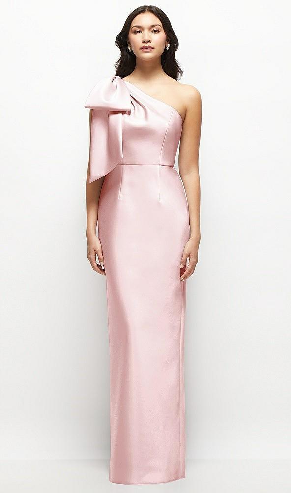 Front View - Ballet Pink Oversized Bow One-Shoulder Satin Column Maxi Dress