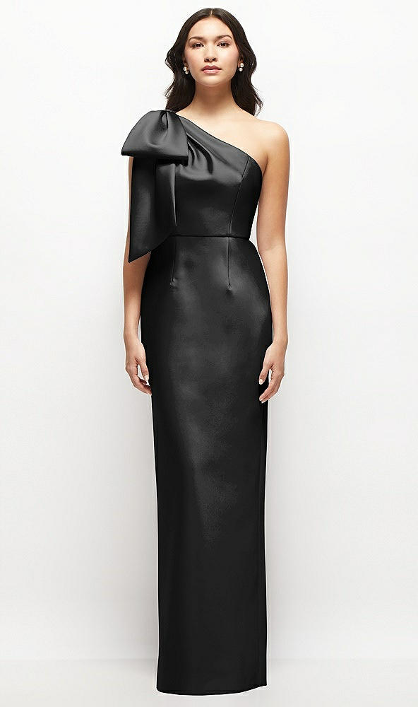Front View - Black Oversized Bow One-Shoulder Satin Column Maxi Dress