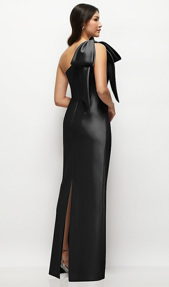 Back View - Black Oversized Bow One-Shoulder Satin Column Maxi Dress