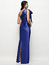 Rear View Thumbnail - Cobalt Blue Oversized Bow One-Shoulder Satin Column Maxi Dress