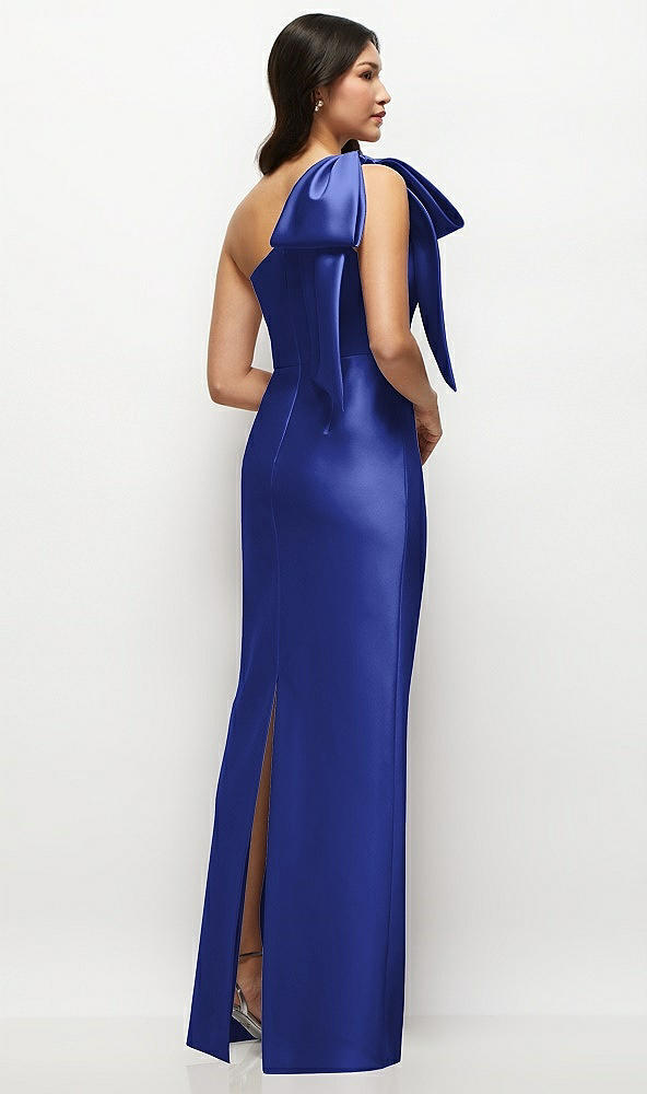 Back View - Cobalt Blue Oversized Bow One-Shoulder Satin Column Maxi Dress