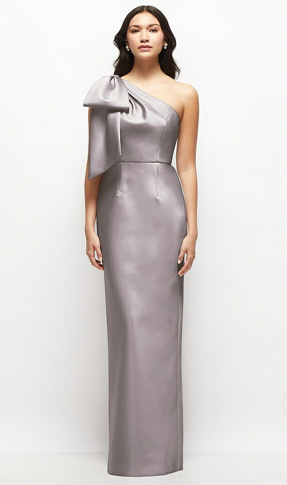 Front View - Cashmere Gray Oversized Bow One-Shoulder Satin Column Maxi Dress