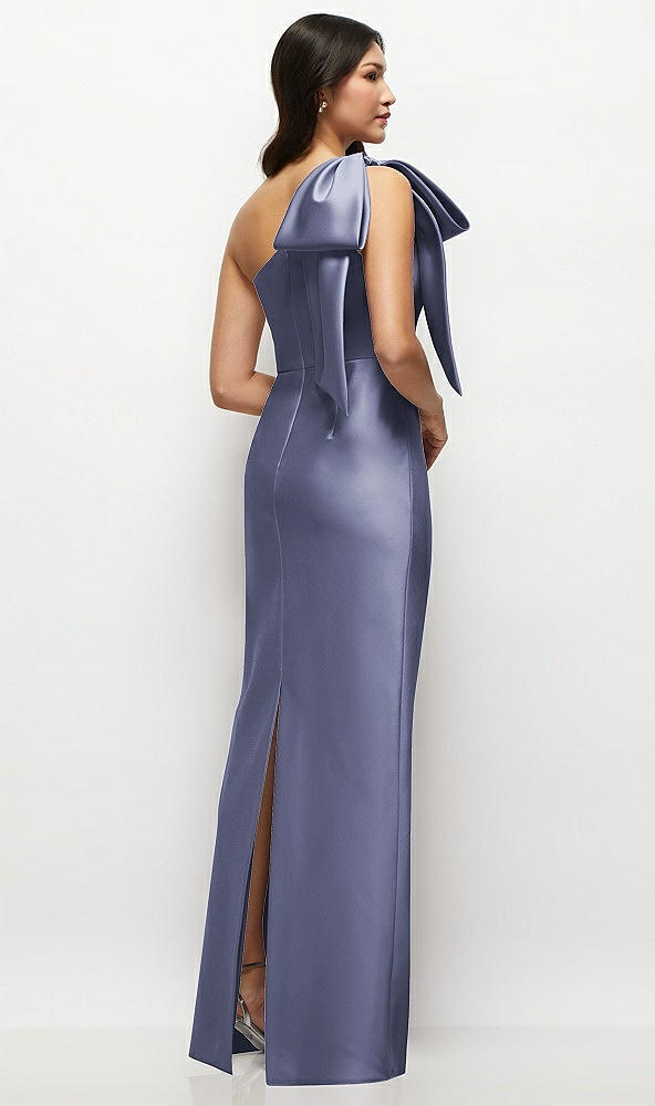 Back View - French Blue Oversized Bow One-Shoulder Satin Column Maxi Dress