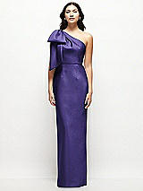 Front View Thumbnail - Grape Oversized Bow One-Shoulder Satin Column Maxi Dress