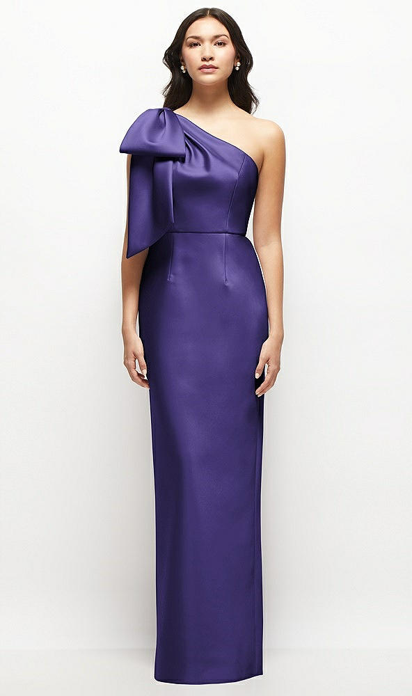 Front View - Grape Oversized Bow One-Shoulder Satin Column Maxi Dress
