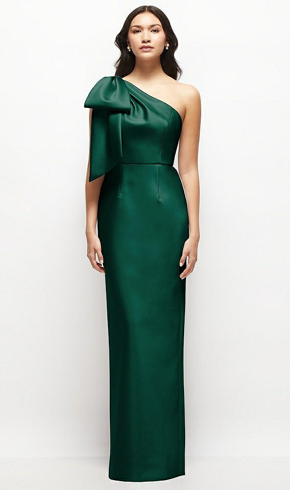 Front View - Hunter Green Oversized Bow One-Shoulder Satin Column Maxi Dress