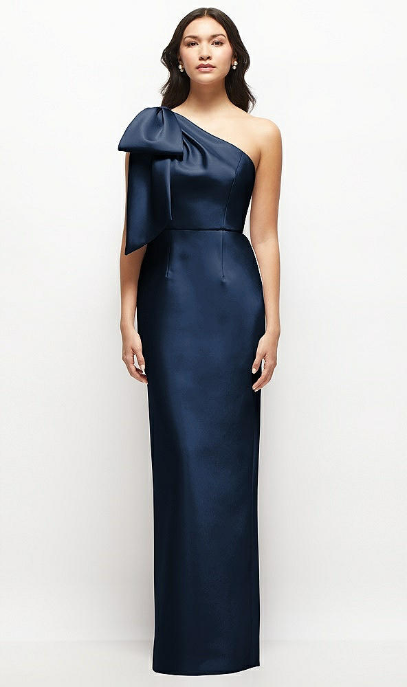 Front View - Midnight Navy Oversized Bow One-Shoulder Satin Column Maxi Dress