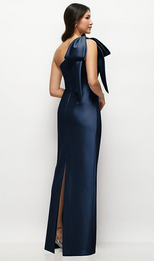 Back View - Midnight Navy Oversized Bow One-Shoulder Satin Column Maxi Dress