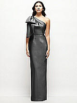 Front View Thumbnail - Pewter Oversized Bow One-Shoulder Satin Column Maxi Dress