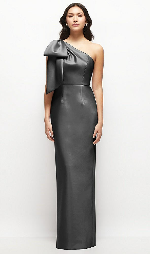 Front View - Pewter Oversized Bow One-Shoulder Satin Column Maxi Dress