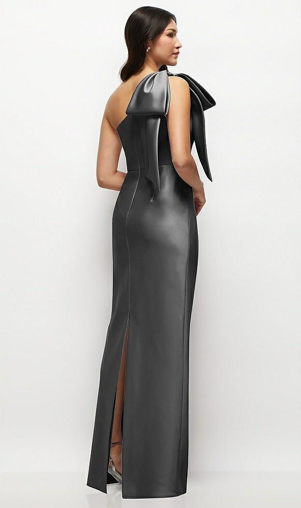 Back View - Pewter Oversized Bow One-Shoulder Satin Column Maxi Dress