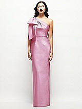 Front View Thumbnail - Powder Pink Oversized Bow One-Shoulder Satin Column Maxi Dress