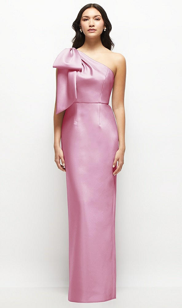 Front View - Powder Pink Oversized Bow One-Shoulder Satin Column Maxi Dress