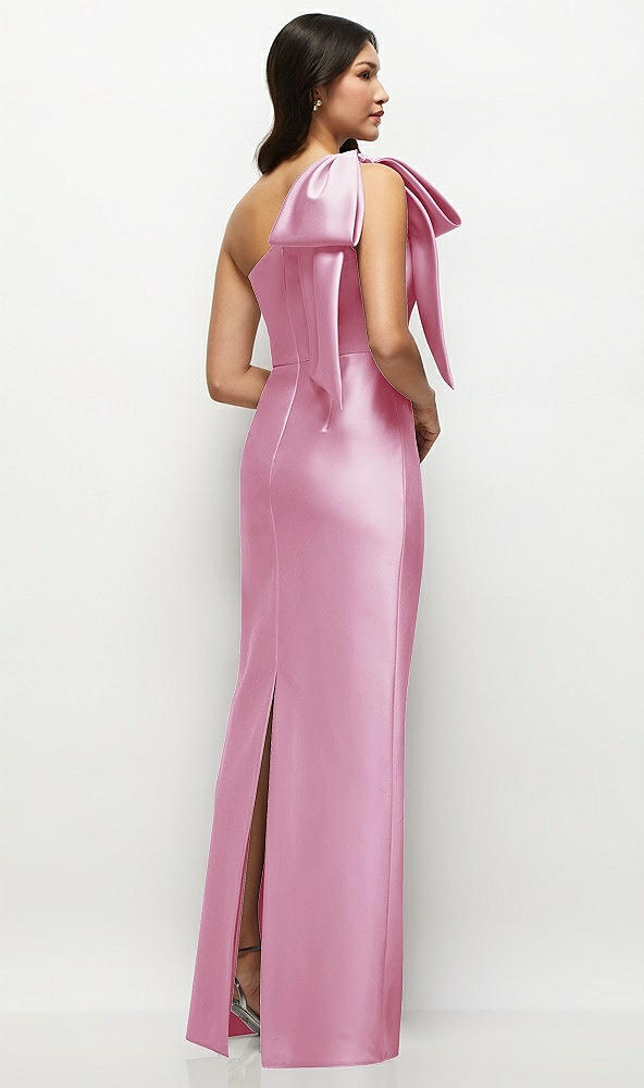 Back View - Powder Pink Oversized Bow One-Shoulder Satin Column Maxi Dress