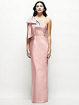 Front View Thumbnail - Rose - PANTONE Rose Quartz Oversized Bow One-Shoulder Satin Column Maxi Dress