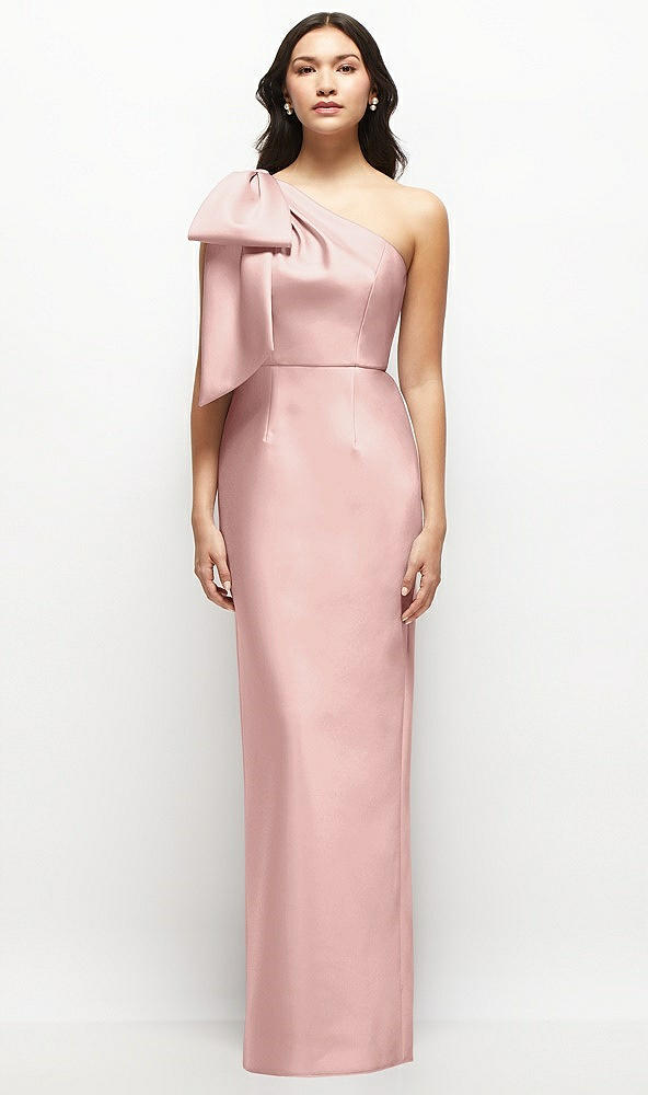 Front View - Rose - PANTONE Rose Quartz Oversized Bow One-Shoulder Satin Column Maxi Dress