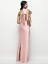 Rear View Thumbnail - Rose - PANTONE Rose Quartz Oversized Bow One-Shoulder Satin Column Maxi Dress