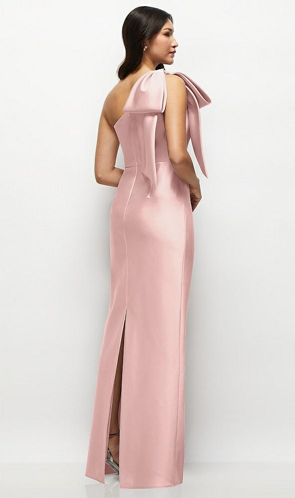 Back View - Rose - PANTONE Rose Quartz Oversized Bow One-Shoulder Satin Column Maxi Dress