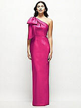 Front View Thumbnail - Think Pink Oversized Bow One-Shoulder Satin Column Maxi Dress