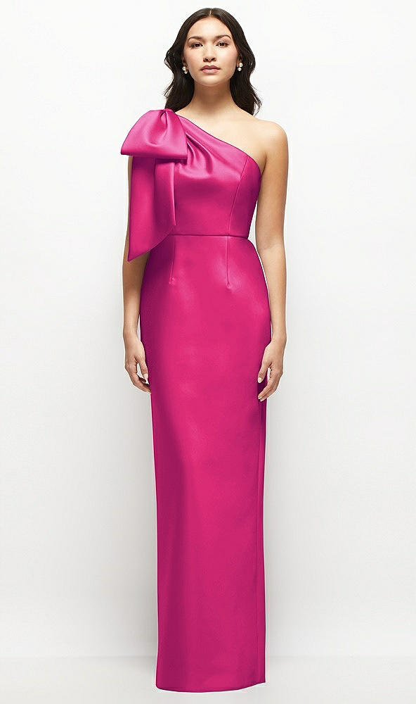 Front View - Think Pink Oversized Bow One-Shoulder Satin Column Maxi Dress
