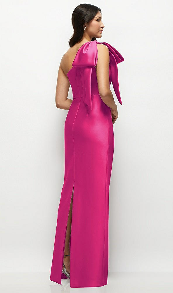 Back View - Think Pink Oversized Bow One-Shoulder Satin Column Maxi Dress