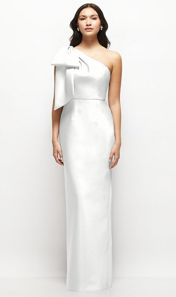 Front View - White Oversized Bow One-Shoulder Satin Column Maxi Dress