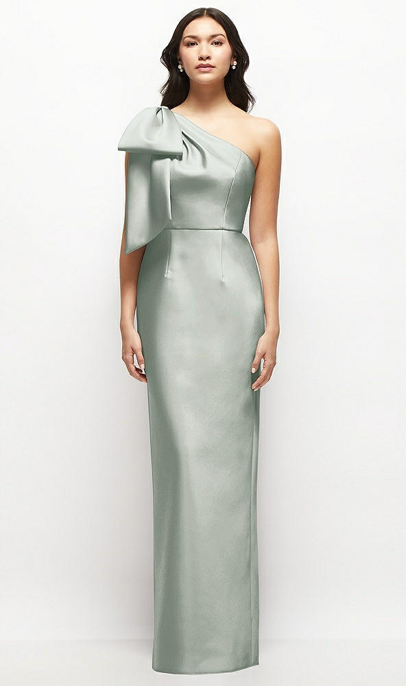 Front View - Willow Green Oversized Bow One-Shoulder Satin Column Maxi Dress