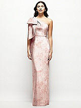 Front View Thumbnail - Bow And Blossom Print Oversized Bow One-Shoulder Floral Satin Column Maxi Dress