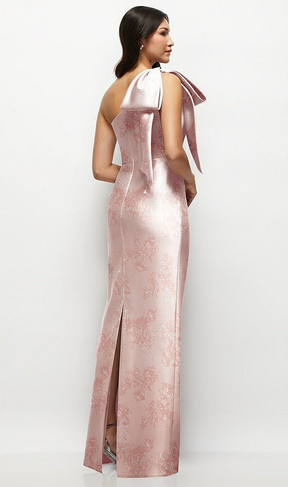 Back View - Bow And Blossom Print Oversized Bow One-Shoulder Floral Satin Column Maxi Dress