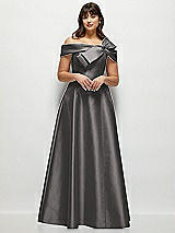 Front View Thumbnail - Caviar Gray Asymmetrical Bow Off-Shoulder Satin Gown with Ballroom Skirt