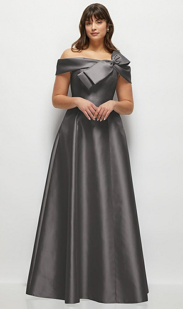 Front View - Caviar Gray Asymmetrical Bow Off-Shoulder Satin Gown with Ballroom Skirt