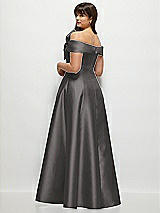 Rear View Thumbnail - Caviar Gray Asymmetrical Bow Off-Shoulder Satin Gown with Ballroom Skirt