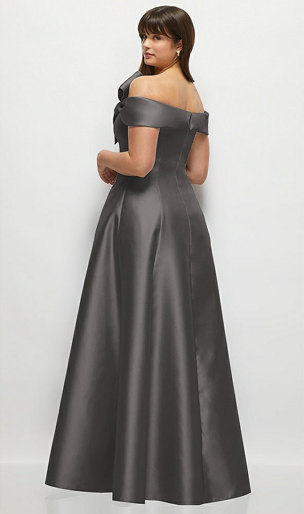 Back View - Caviar Gray Asymmetrical Bow Off-Shoulder Satin Gown with Ballroom Skirt