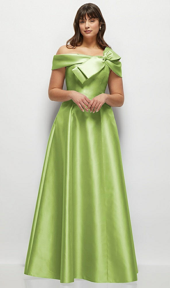 Front View - Mojito Asymmetrical Bow Off-Shoulder Satin Gown with Ballroom Skirt