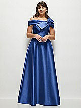Front View Thumbnail - Classic Blue Asymmetrical Bow Off-Shoulder Satin Gown with Ballroom Skirt