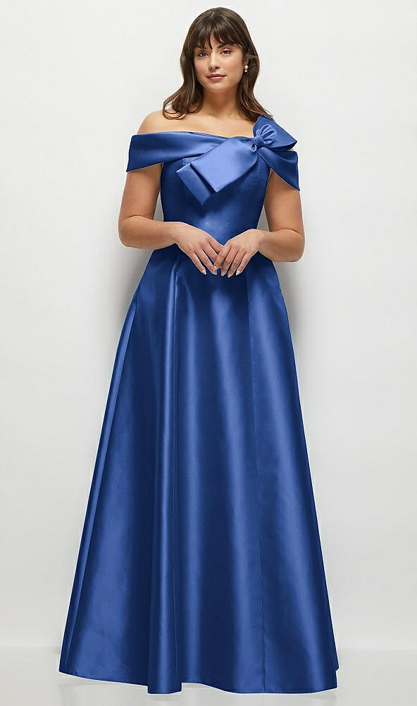 Front View - Classic Blue Asymmetrical Bow Off-Shoulder Satin Gown with Ballroom Skirt