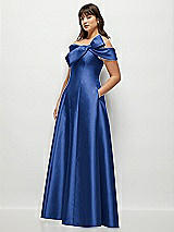 Side View Thumbnail - Classic Blue Asymmetrical Bow Off-Shoulder Satin Gown with Ballroom Skirt